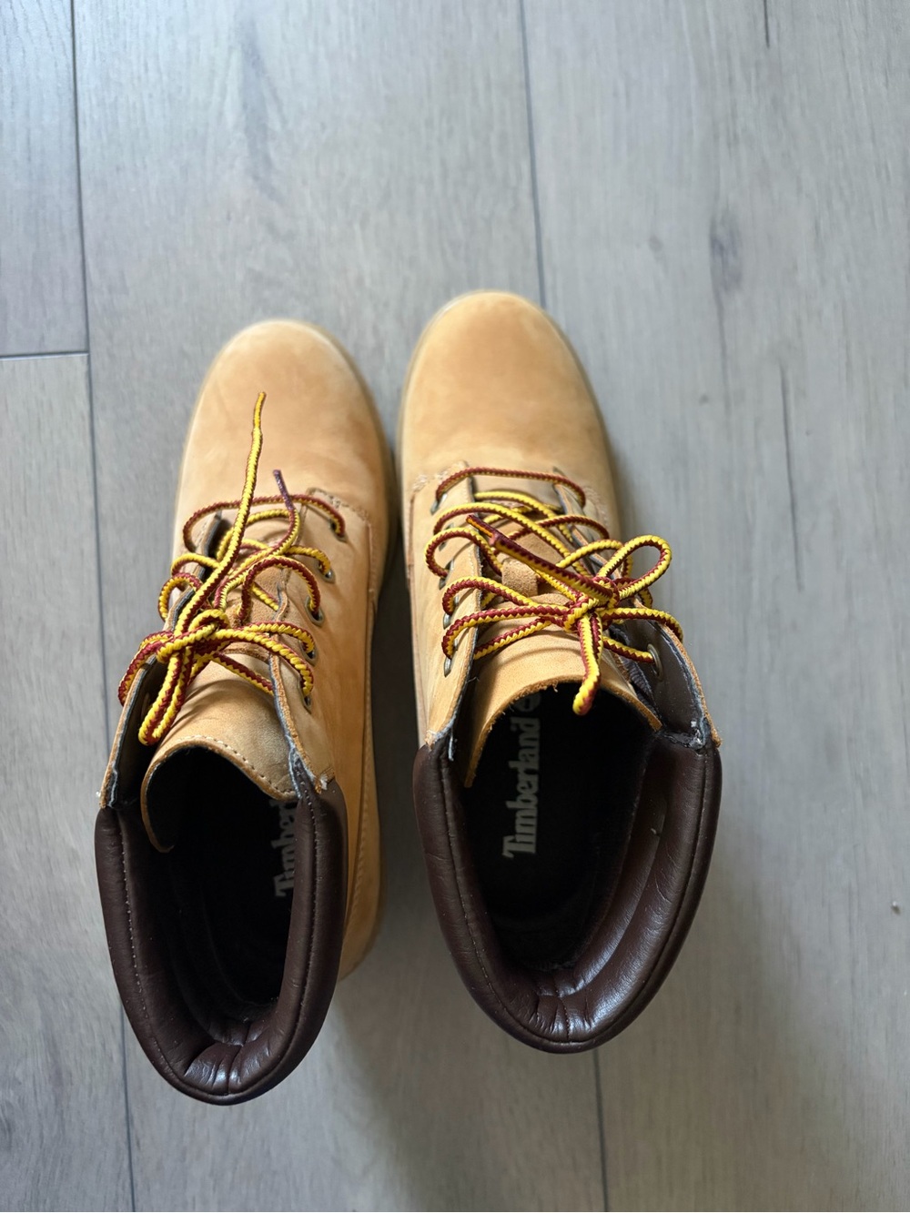 Timberland Wheat Suede Ankle Boots with Yellow & Red Laces